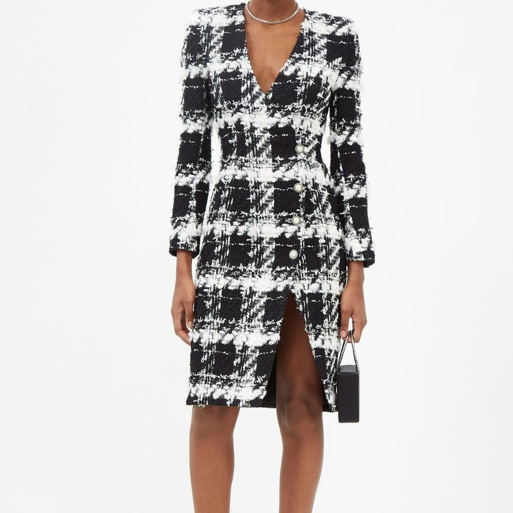 Halpern Wrap Black White Pearl Button Metallic Bouclé Tweed Dress